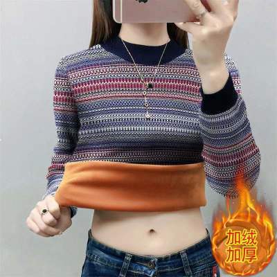120188/新款【一体绒加绒】复古半高领套头女秋冬宽松慵懒风条纹