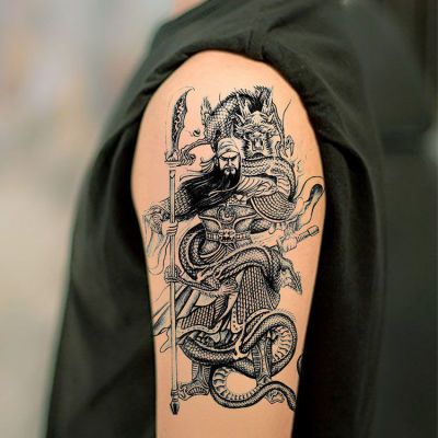 大刀关羽关公防水纹身贴男女花臂小腿胸前仿真持久防汗刺青关二爷 虎窝拼