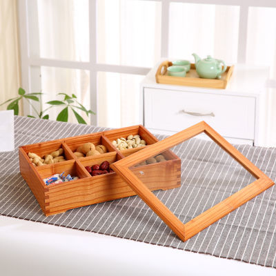 木制卯榫干果盒糖果盒分格带玻璃盖干果盘瓜子零食盒创意糖盘托盘