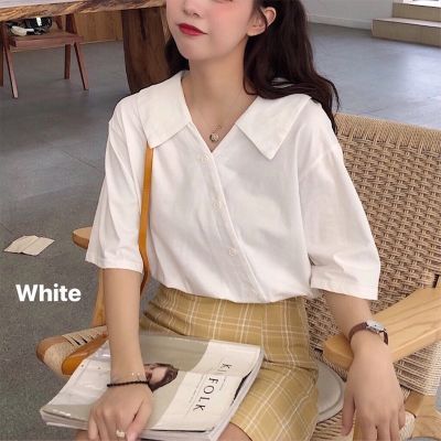 日系白色v领衬衫女短袖夏薄款chic韩风法式BM上衣小众设计