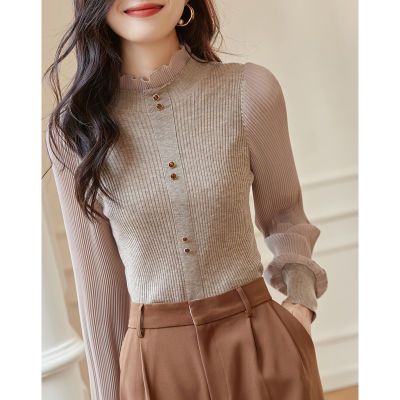 127174/德玛纳22春新品立领泡泡袖荷叶边拼接压皱毛衣女优雅气质打底衫