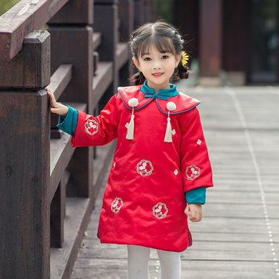 汉服女童冬款中国风拜年服冬装幼儿童过年衣服红色棉袄加绒厚唐装