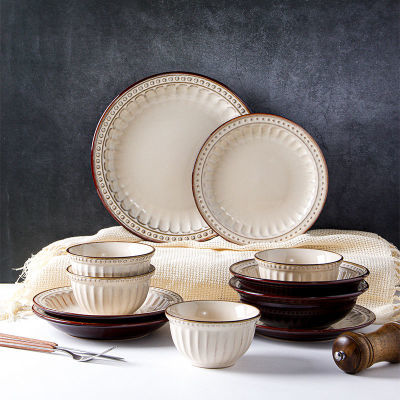 美式复古碗碟套装家用创意饭碗平盘菜盘子欧式陶瓷西餐盘餐具微瑕