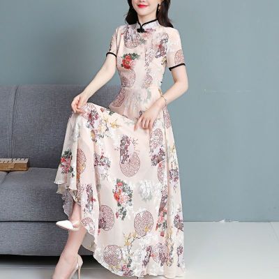 144550/改良旗袍中长裙子2022夏季年轻新款修身高档雪纺印花复古连衣裙女