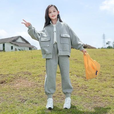 女童运动套装2022春秋新款外套韩版中大童休闲时髦女孩纯色两件套