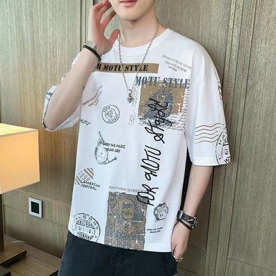 短袖t恤男宽松国潮牌韩版涂鸦圆领印花夏季新款bf休闲百搭半袖ins