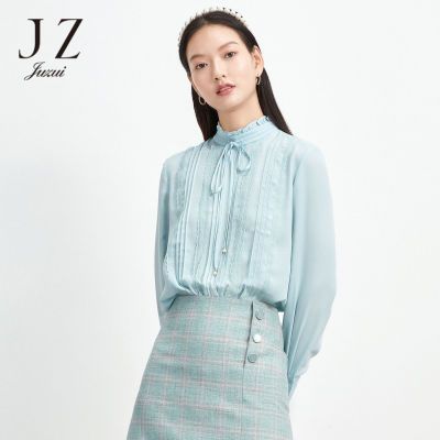 JZ玖姿春季新款纯色立领系带气质通勤时尚长袖女雪纺衫