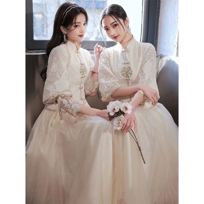 153908/中式伴娘服2022新款气质优雅冬季长袖姐妹团礼服裙女婚礼高级感