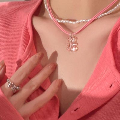 160165/早春粉色珍珠可爱双层小熊项链小众设计感高级叠戴锁骨链颈链配饰
