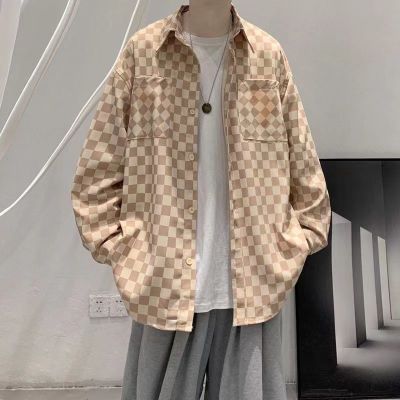 棋盘格衬衫男设计感小众痞帅潮男港风休闲寸衣韩风chic外套1/2件