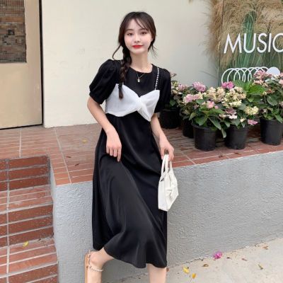 168544/连衣裙女2022夏季新款假两件珍珠吊带纱网收腰绑带甜美纯色中长裙