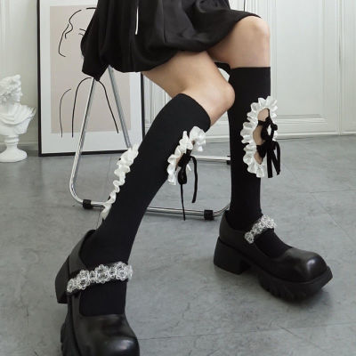 lolita袜子不对称不规则交叉绑带小腿袜小众设计仙女黑白镂空中筒
