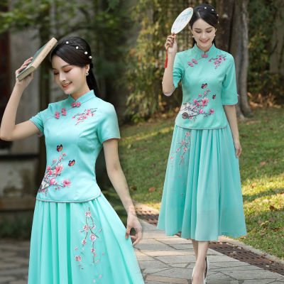 中国风大码套装女旗袍改良版唐装上衣复古民族风新款夏季妈妈装