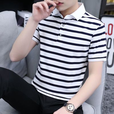 纯棉薄款条纹男士短袖t恤夏季翻领popl衬衣修身打底短衣服体恤衫