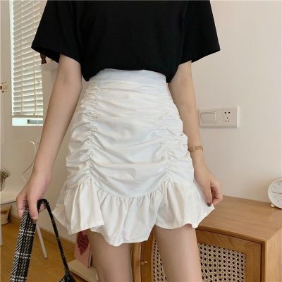 163143/鱼尾裙 半身裙女春季款高腰A字短裙褶皱包臀荷叶边白色裙子安全裤