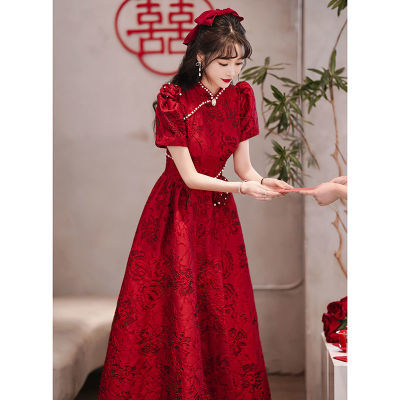 164427/旗袍敬酒服新娘2022酒红色结婚订婚回门晚礼服裙中式复古平时可穿