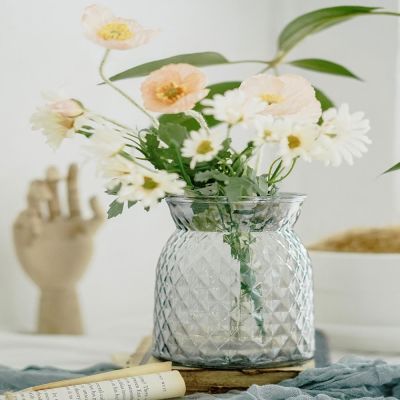 现代简约蓝色玻璃宽口花瓶透明插花客厅餐桌阳台桌面水养花器摆件