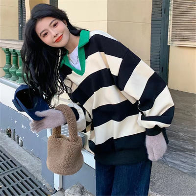 147556/条纹polo领卫衣女春秋薄款ins宽松慵懒风oversize翻领上衣学生潮