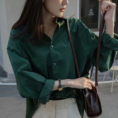 绿色衬衫女士春秋复古港味法式小众纯色慵懒风衬衣设计感上衣ins