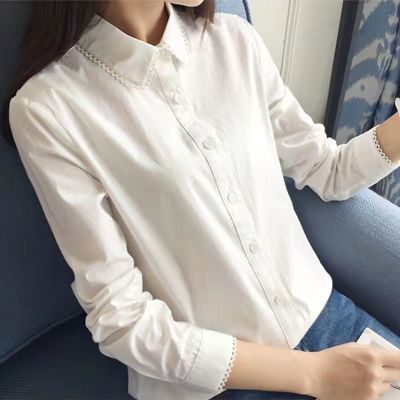 Y2022春秋新款韩版长袖白色衬衫女装蕾丝花边学生简约打底衬衣