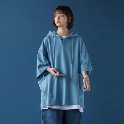 150407/夏季短袖连帽t恤男女同款2022韩版百搭时尚宽松纯色假两件ins上衣