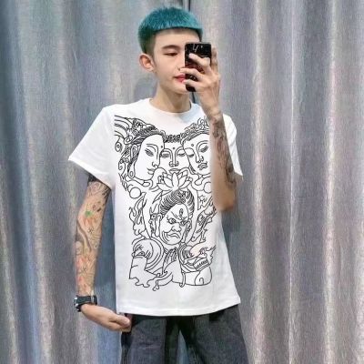 三面佛精神小伙衣服社会纹身图案学生夏季短袖T恤男韩版潮流t半袖