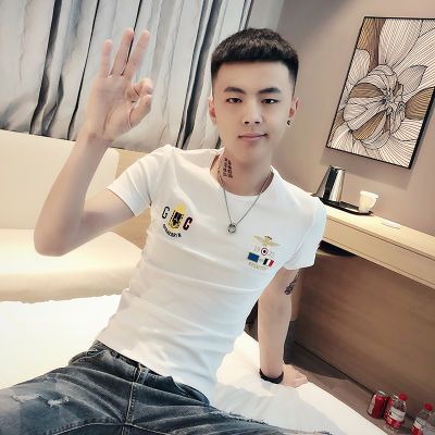 168435/夏季薄款冰丝短袖T恤男装修身潮流体恤2022新款个性半袖痞帅衣服