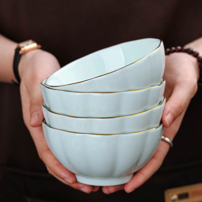 影青瓷厚款碗陶瓷碗2/4/6装面碗汤碗金边陶瓷碗釉下彩