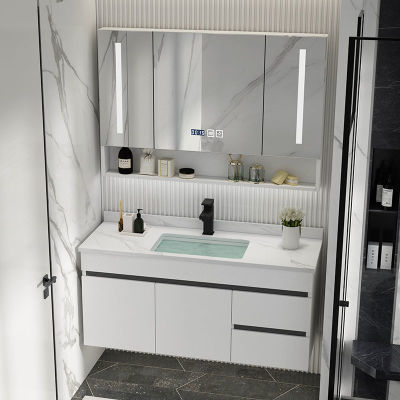 北欧实木智能浴室柜组合现代简约岩板洗脸洗手盆卫生间洗漱台镜柜