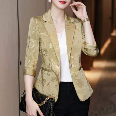 159696/小西装外套女春夏薄款新款七分袖职业装印花女士修身小西服上衣【15天内发货】