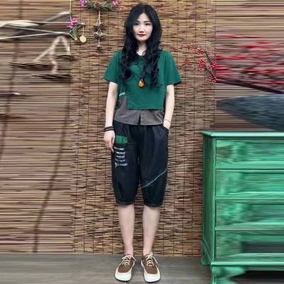 套装女夏时尚显瘦遮肉字母最新款印花不规则t恤女牛仔哈伦两件套