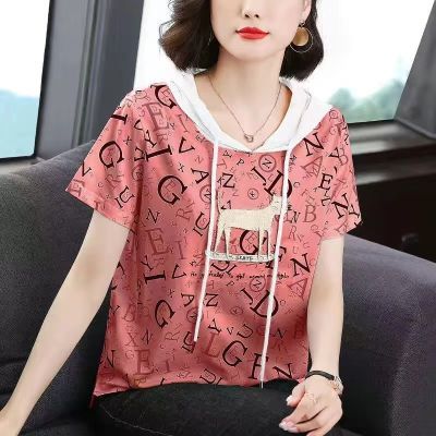 172962/纯棉连帽短袖T恤女夏装新款中年妈妈装时尚宽松大码印花刺绣上衣