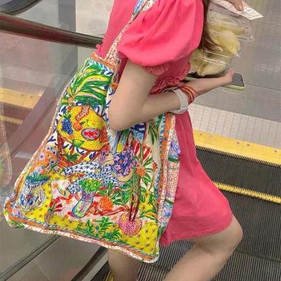 泰国夏日油画双面印花方形包帆布袋大容量单肩包托特包小碎花大包