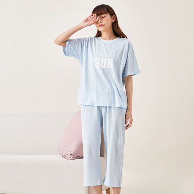 168160/都市丽人旗下自在时光纯色短袖睡衣睡裤女士睡衣两件套家居服