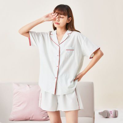 183308/自在时光睡衣女夏透气柔软可外穿翻领短袖家居服套装