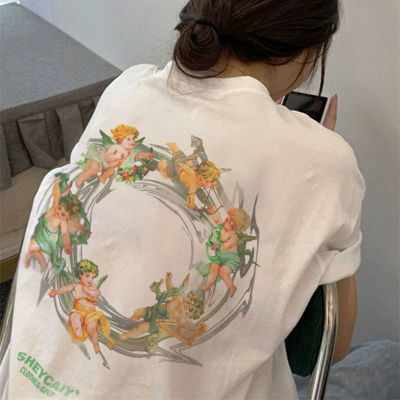 174223/100%纯棉短袖t恤男女烟雾欢庆小天使圈印花上衣美式复古宽松百搭