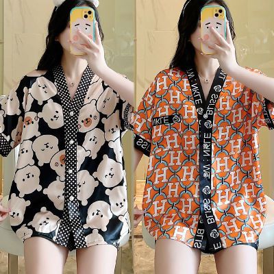 睡衣女夏家居服仿真丝短袖韩版薄款卡通睡衣夏天性感开衫睡衣套装