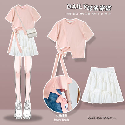2022夏韩版甜美宽松设计感短袖T恤套装女学生+荷叶边半身裙