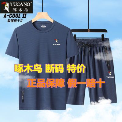 啄木鸟冰丝运动套装男士夏季新款短袖t恤短裤速干跑步运动服男装