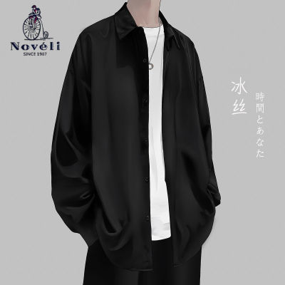 161651/Noveli/蓝威龙冰丝长袖衬衫男夏季薄款高级坠感痞帅黑色衬衣外套