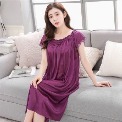 183095/女士加大码睡裙夏季冰丝短袖睡衣家居服女胖MM长裙胖妹妹薄透性感