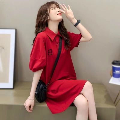 polo红色连衣裙2023夏中长款t恤女遮肚子显瘦洋气减龄泡