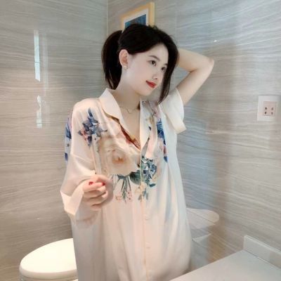 网红冰丝睡衣女夏薄款短性感衬衫短袖时尚高级感外穿家居服睡裙