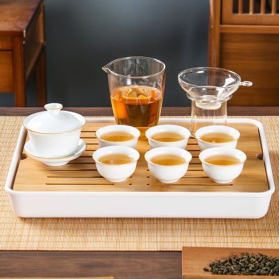 高温白玉瓷功夫茶具套装整套简约家用陶瓷盖碗茶杯茶漏茶盘公道杯