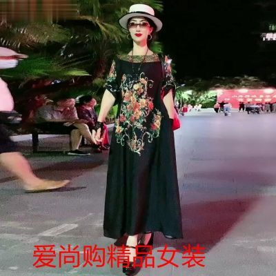 大码复古显瘦印花连衣裙2022夏高贵时尚宽松显瘦妈妈装长款裙子