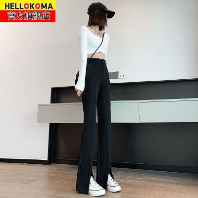 176087/HELLO KOMA黑色微喇叭裤子女2022新款高腰显瘦直筒宽松开叉拖地裤