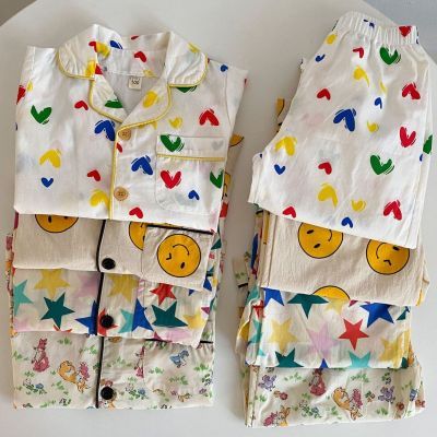 韩国童装2023新款儿童短袖长裤夏季睡衣套装男女童宝宝家居服两件