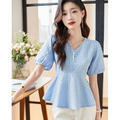 175348/TERRE BLEUE衬衫女2022夏季新款气质显瘦泡泡短袖钉珠V领女士衬衣