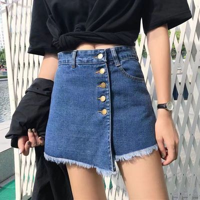 172387/2022年夏季高腰半身裙裤女宽松显瘦胖mm大码牛仔裤裙假两件学生潮