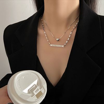 175086/新款时尚金属圆珠字母方牌双层项链女夏小众设计感锁骨链简约百搭